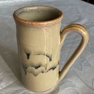 NWOT HAND-THRONE POTTERY mug, KA initialed beige, lt. Br. & dk blue $39